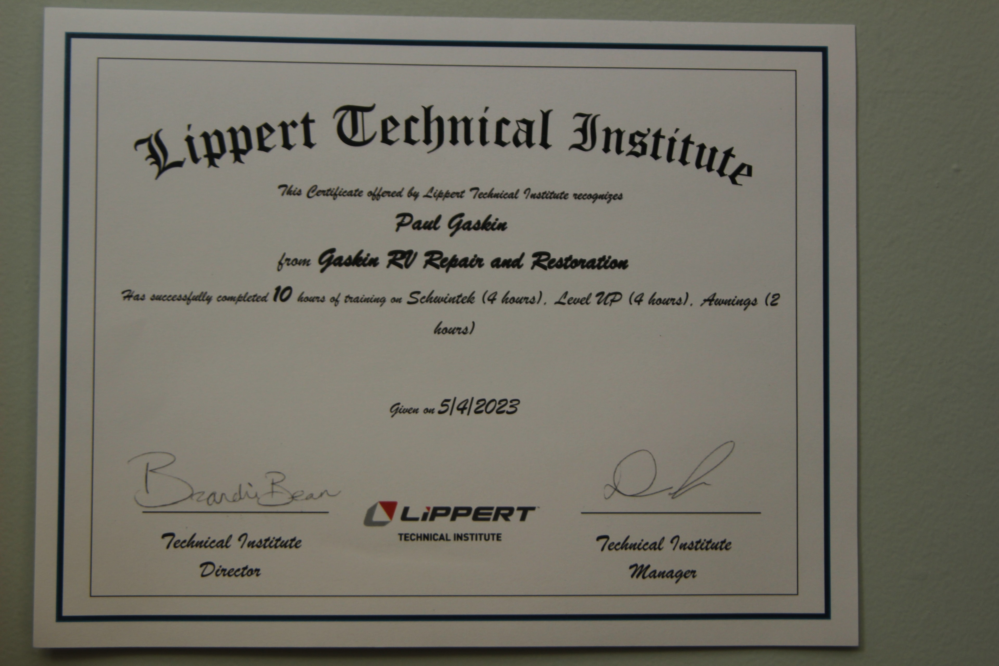 Paul Gaskin — Lippert Technical Institute certificate