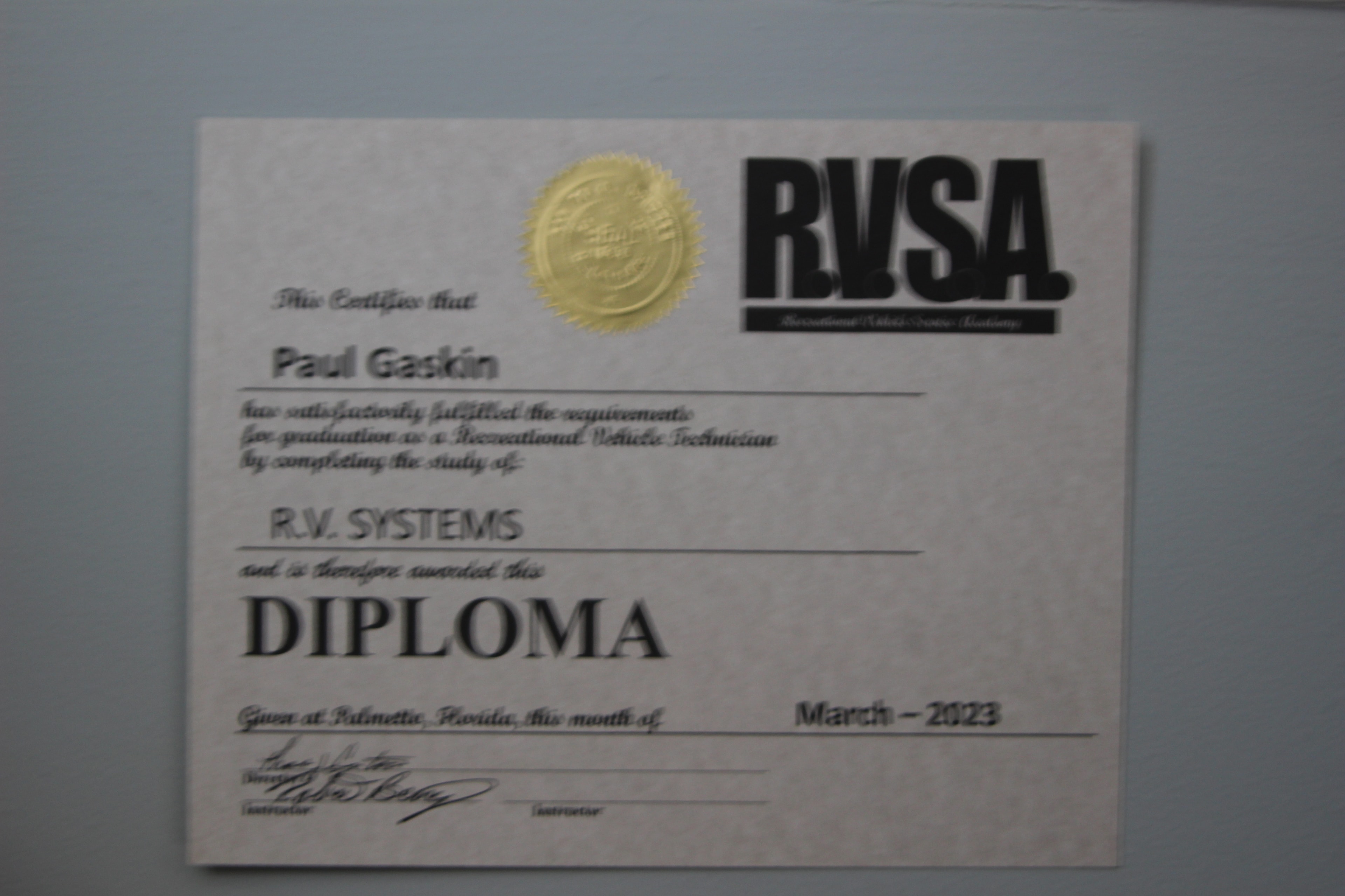 Paul Gaskin — RVSA R.V. Systems Diploma