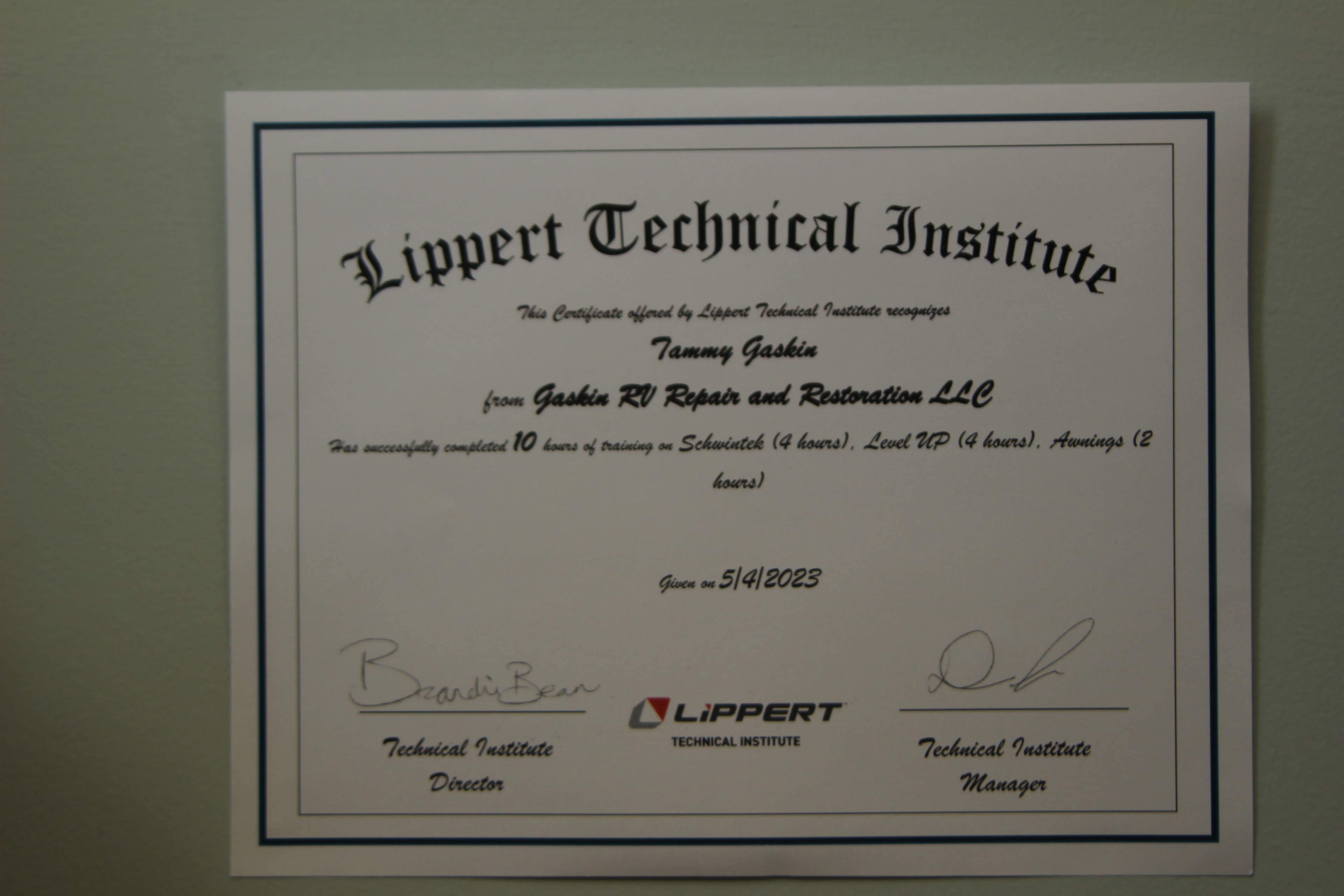 Tammy Gaskin — Lippert Technical Institute certificate