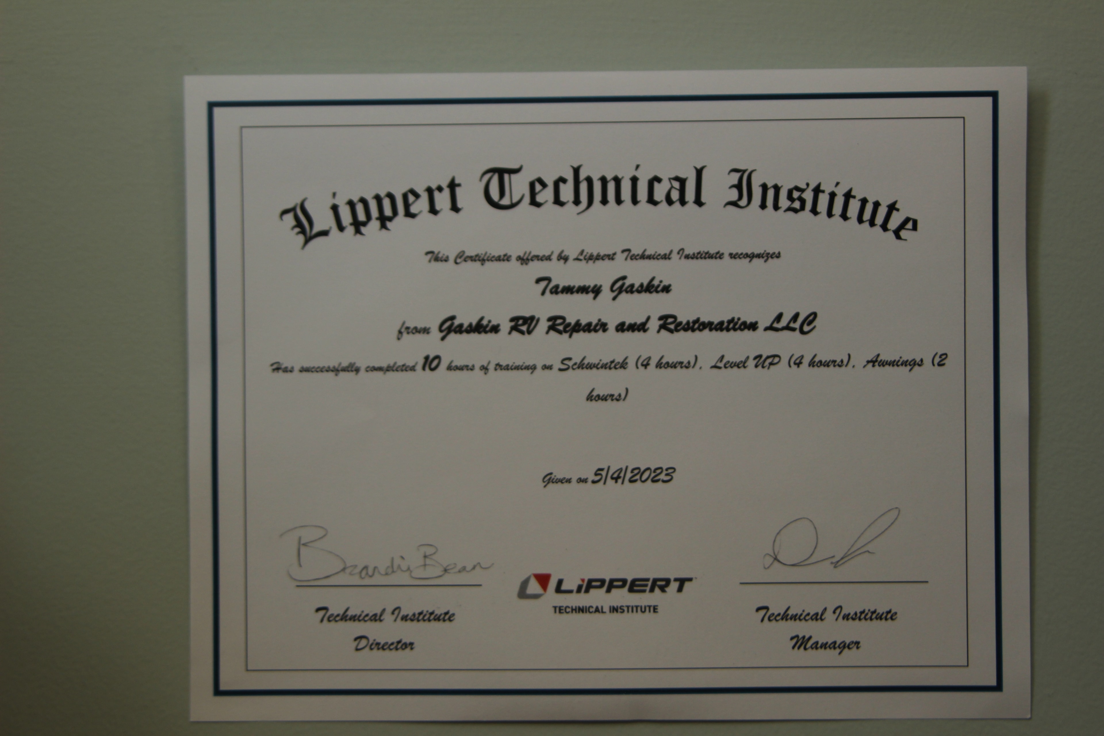 Tammy Gaskin — Lippert Technical Institute certificate 2
