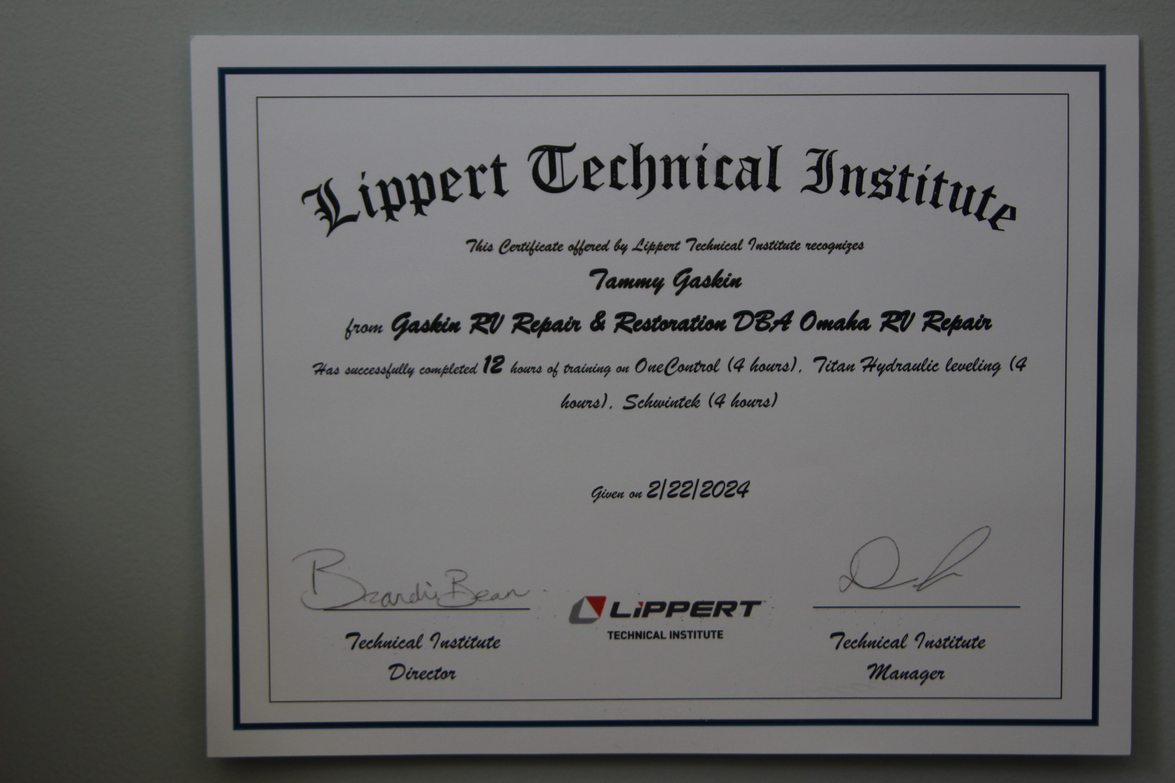 Tammy Gaskin — Lippert Technical Institute certificate 3