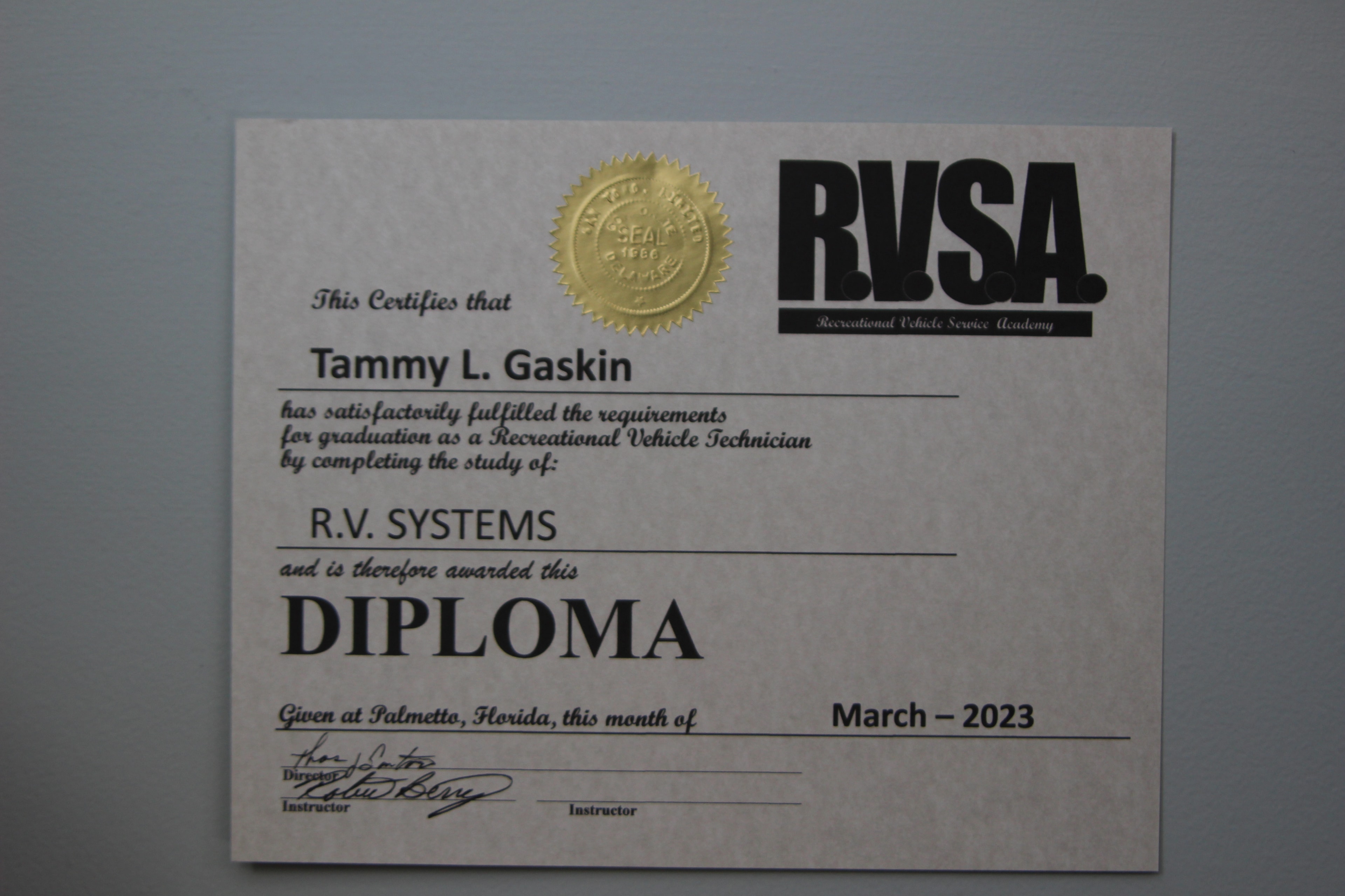 Tammy L. Gaskin — RVSA R.V. Systems Diploma