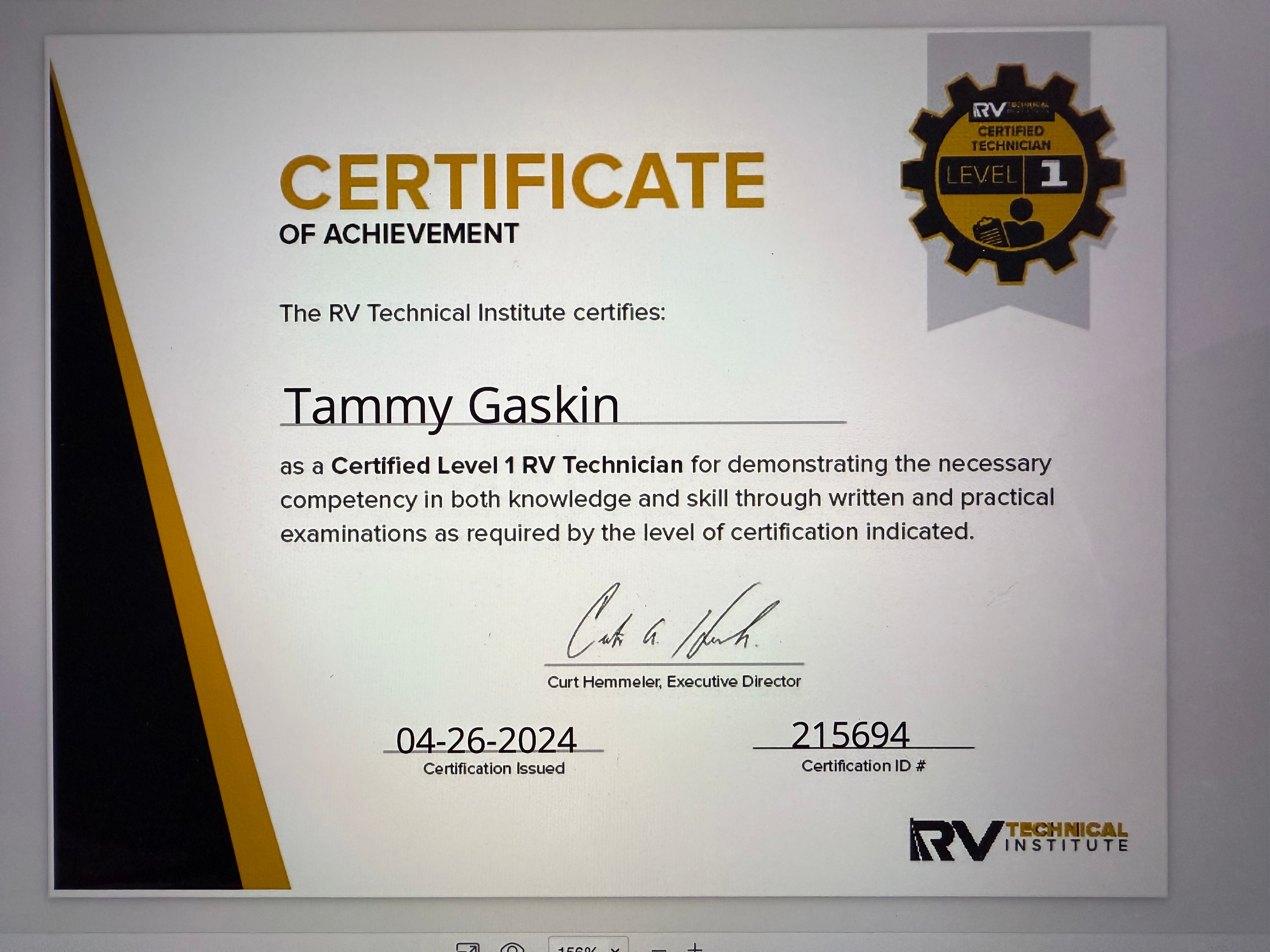 Tammy Gaskin — RVTI Certified Level 1 Technician