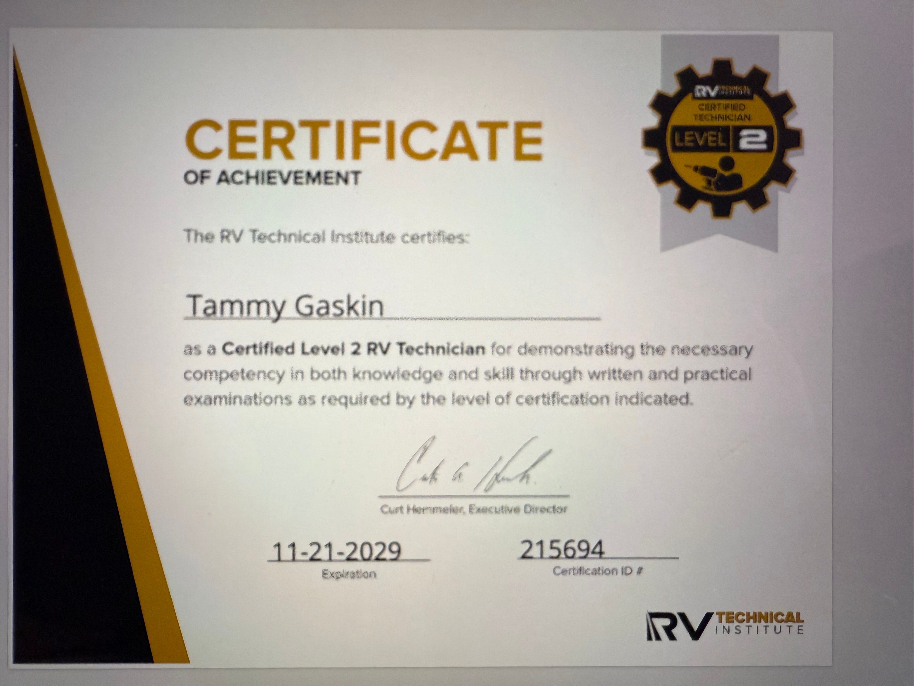 Tammy Gaskin — RVTI Certified Level 2 Technician