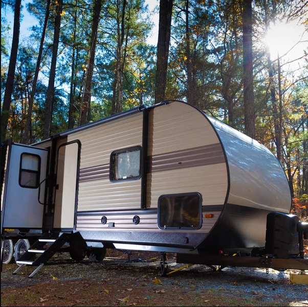 Travel trailer parked in a forest setting