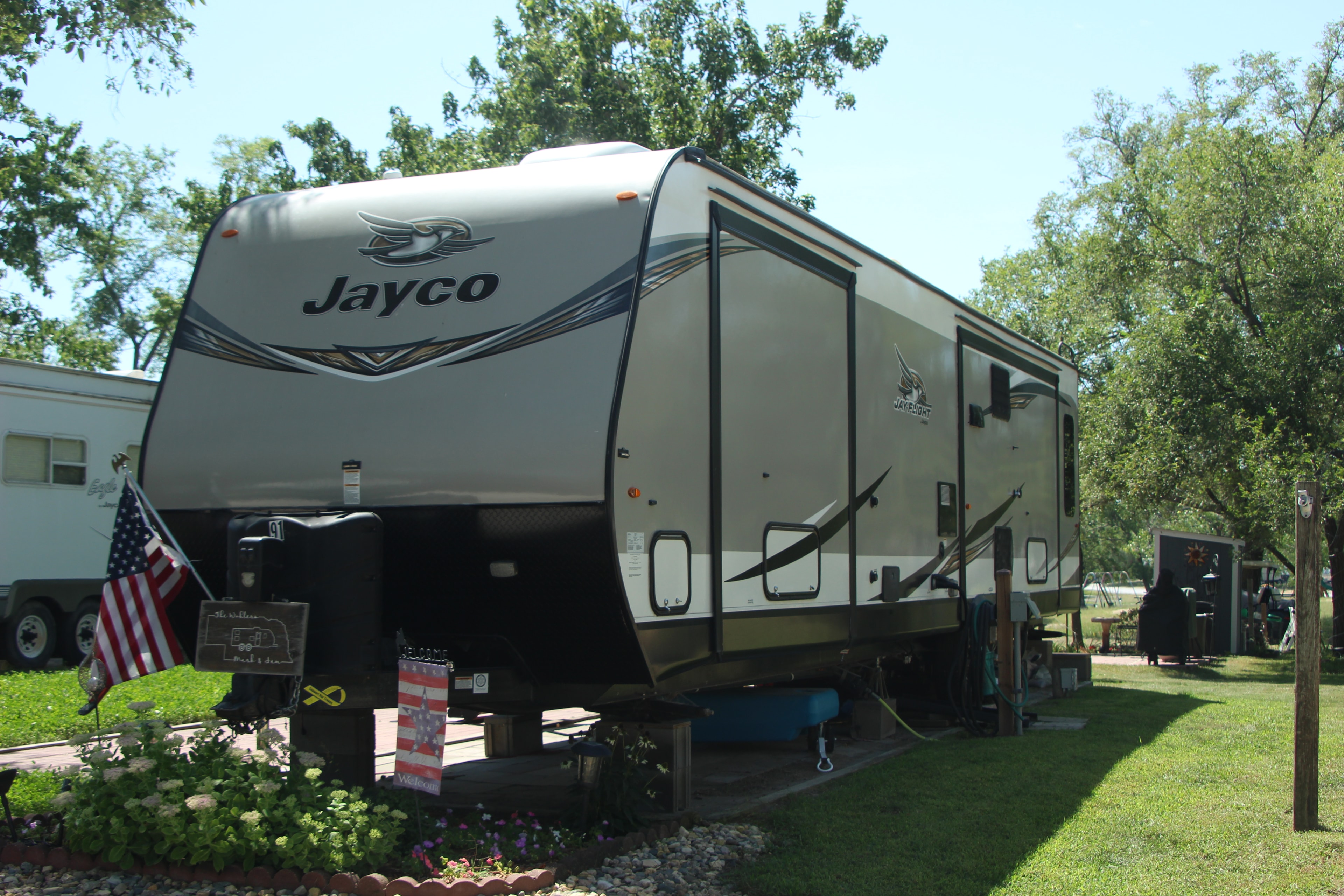 Jayco RV trailer parked at a campground